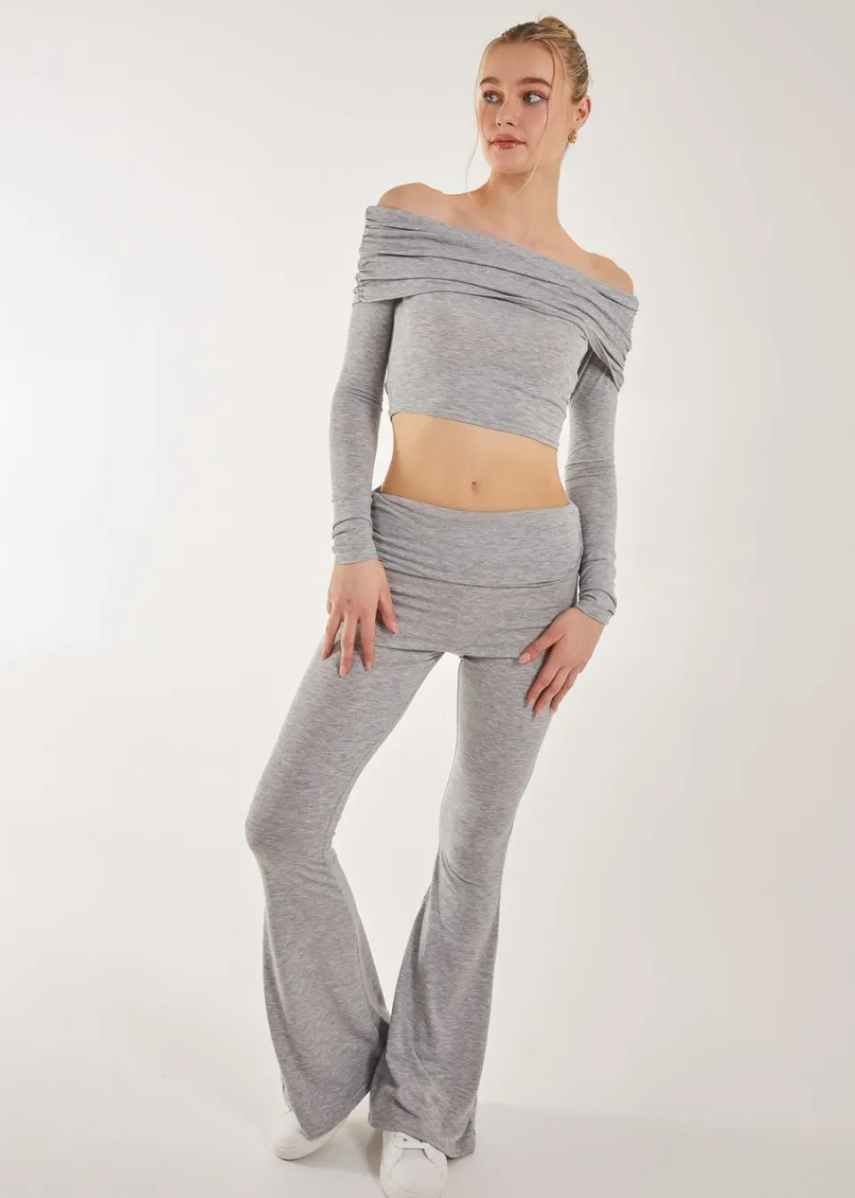 Trousers>Pink Vanilla Fold Over Waist Lounge Flares Grey
