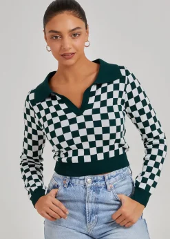 Tops>Pink Vanilla Green Notch Collar Checkered Top