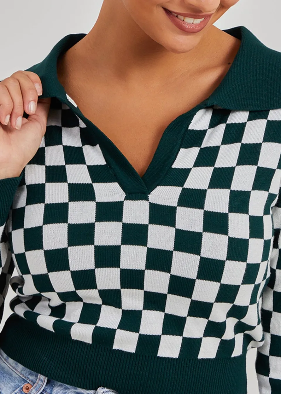 Tops>Pink Vanilla Green Notch Collar Checkered Top