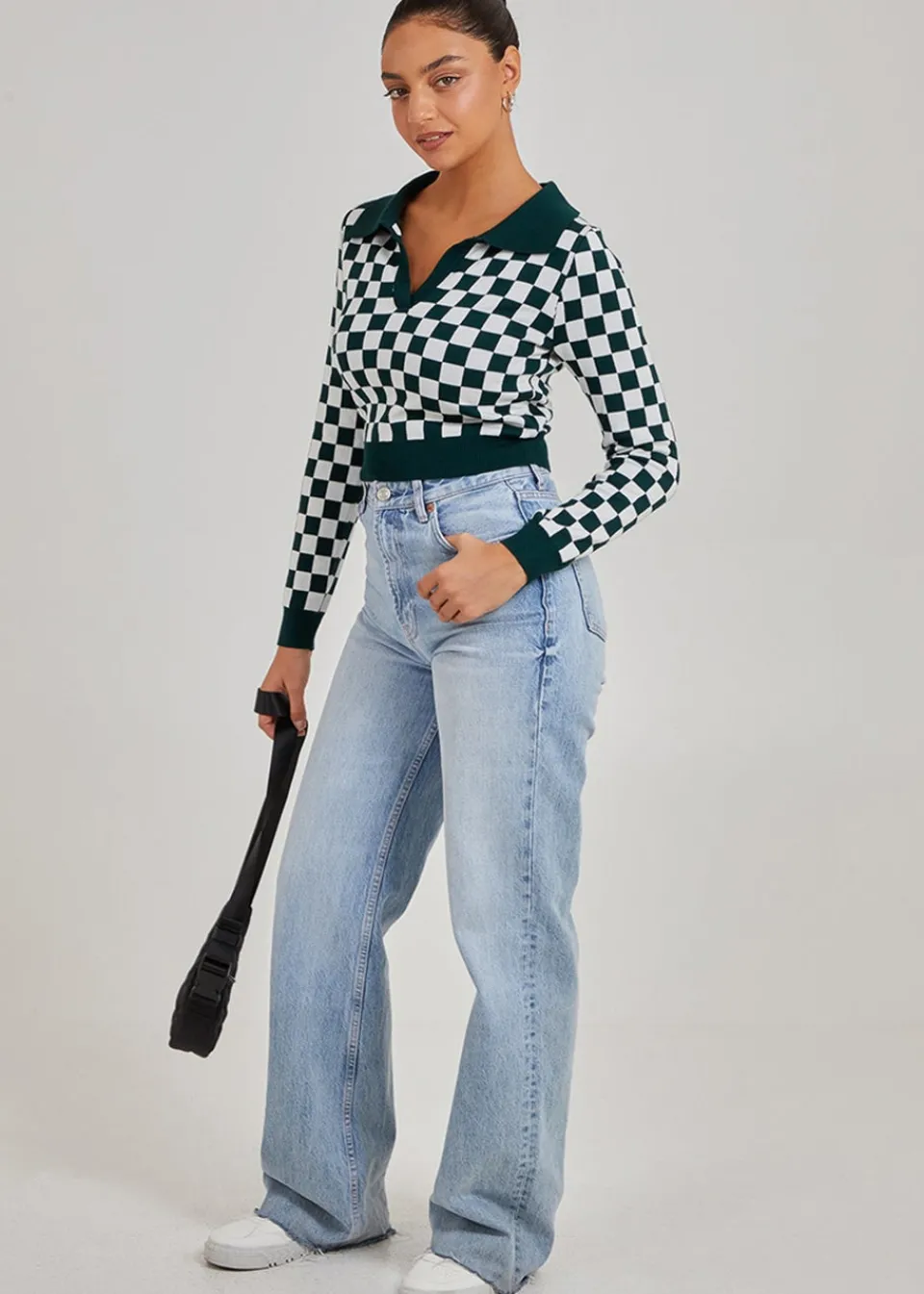 Tops>Pink Vanilla Green Notch Collar Checkered Top