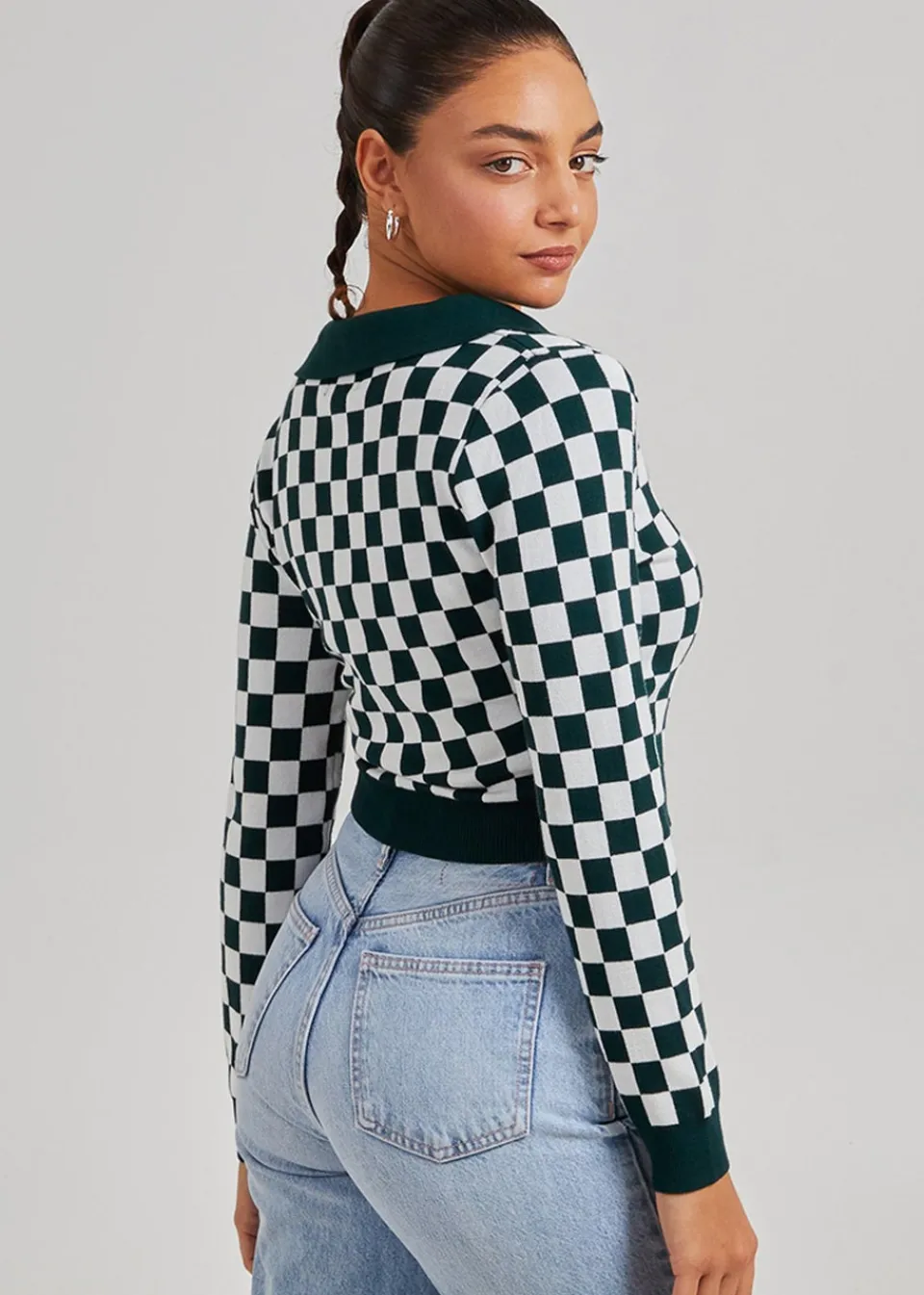Tops>Pink Vanilla Green Notch Collar Checkered Top