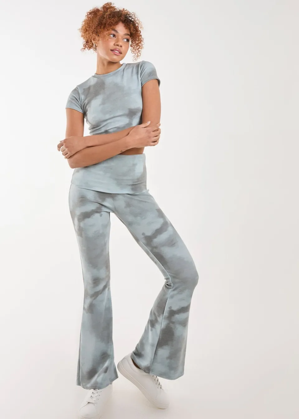 Trousers>Pink Vanilla Green Tie Dye Rib Fold Over Flares