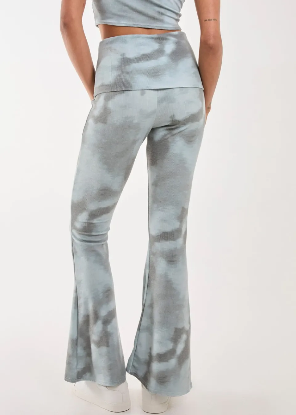 Trousers>Pink Vanilla Green Tie Dye Rib Fold Over Flares