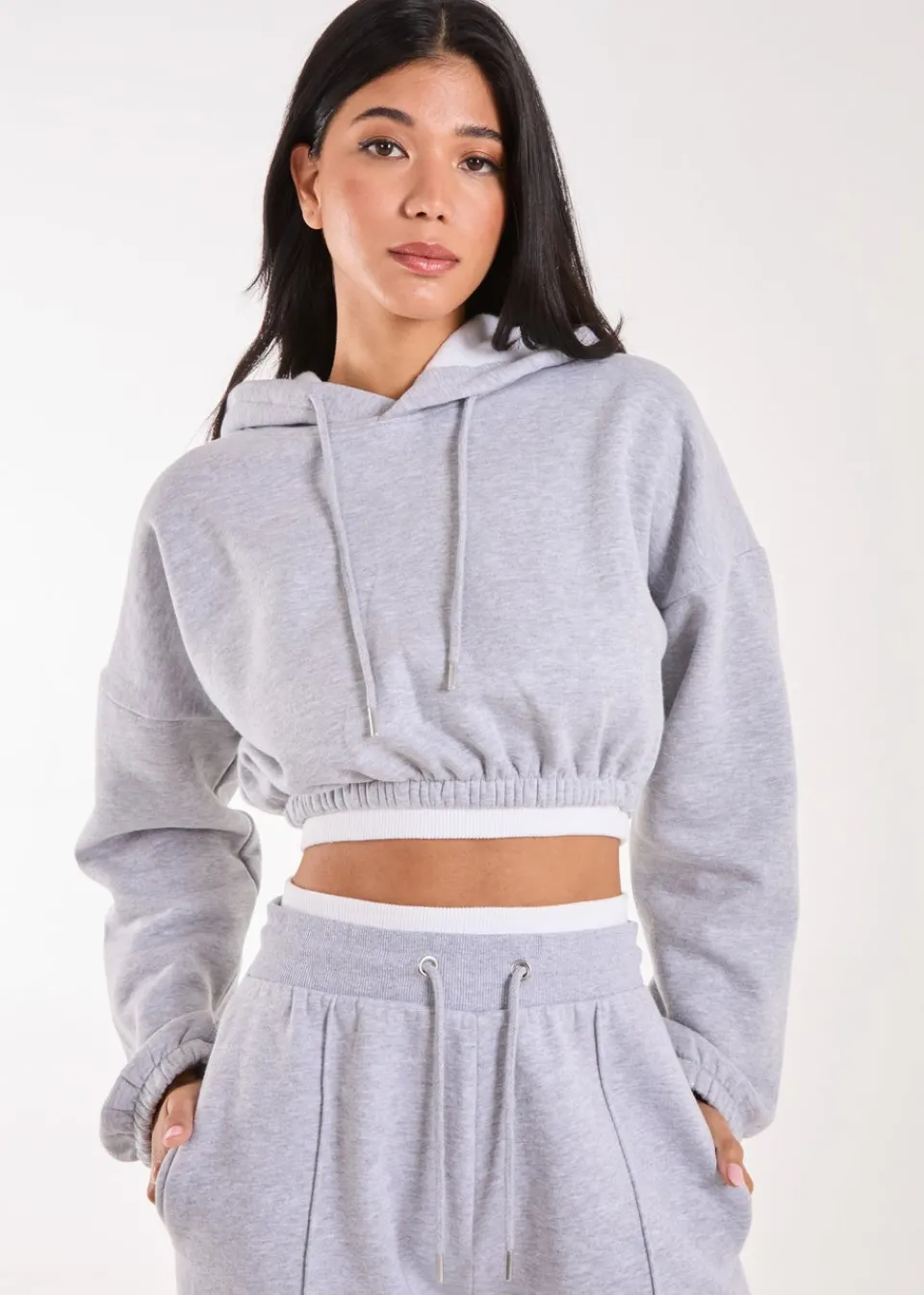 Tops>Pink Vanilla Grey Contrast Waistband Cropped Hoodie