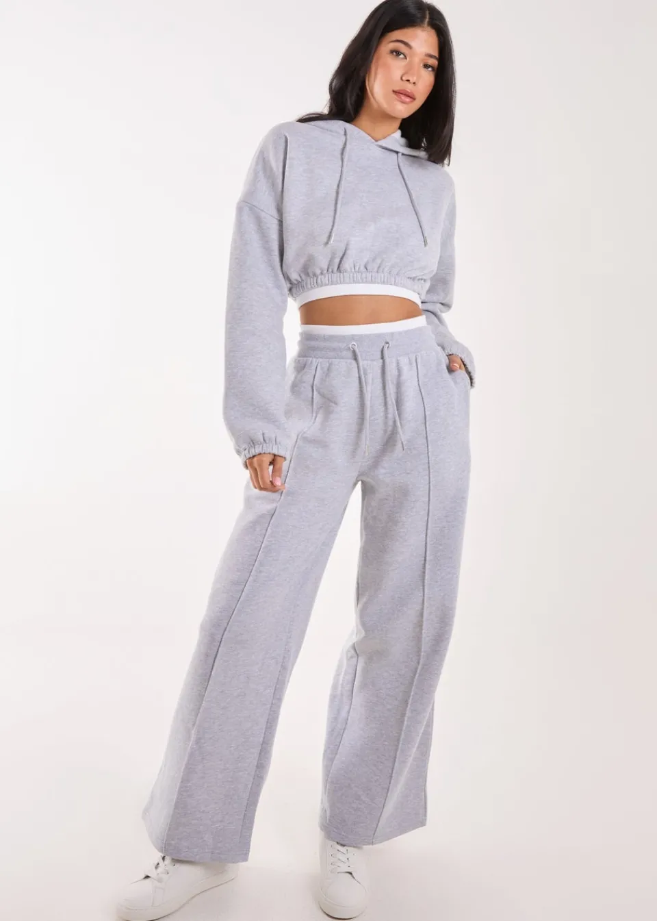 Tops>Pink Vanilla Grey Contrast Waistband Cropped Hoodie