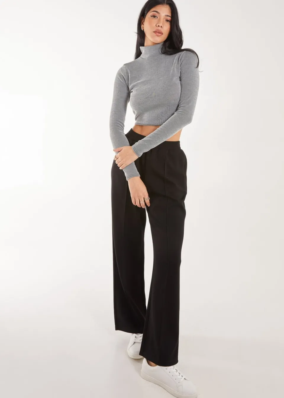 Tops>Pink Vanilla Grey High Neck Rib Top