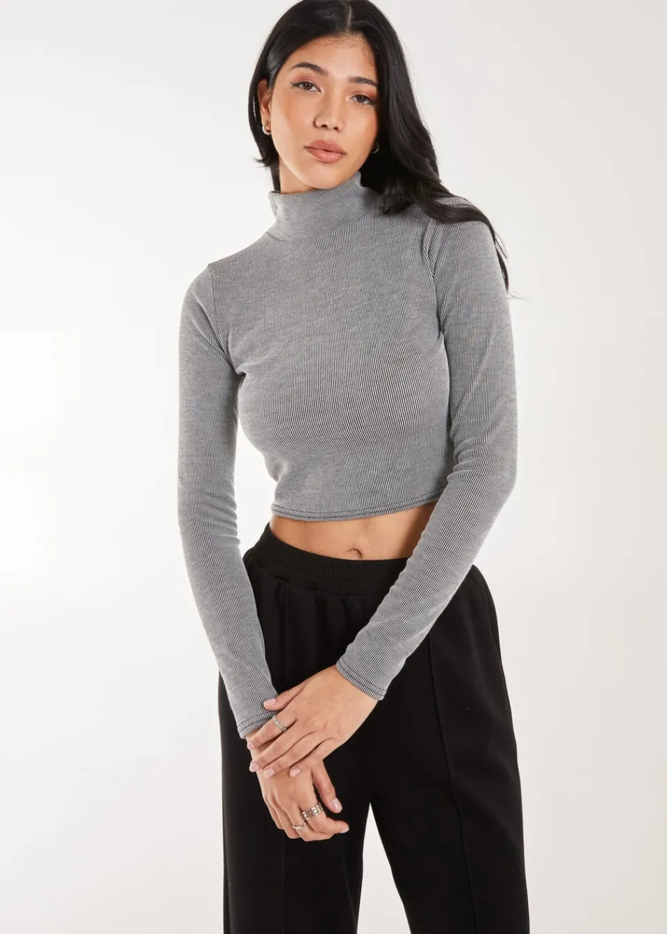 Tops>Pink Vanilla Grey High Neck Rib Top