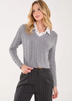 Tops>Pink Vanilla Grey Knitted Jumper with Shirt Detail