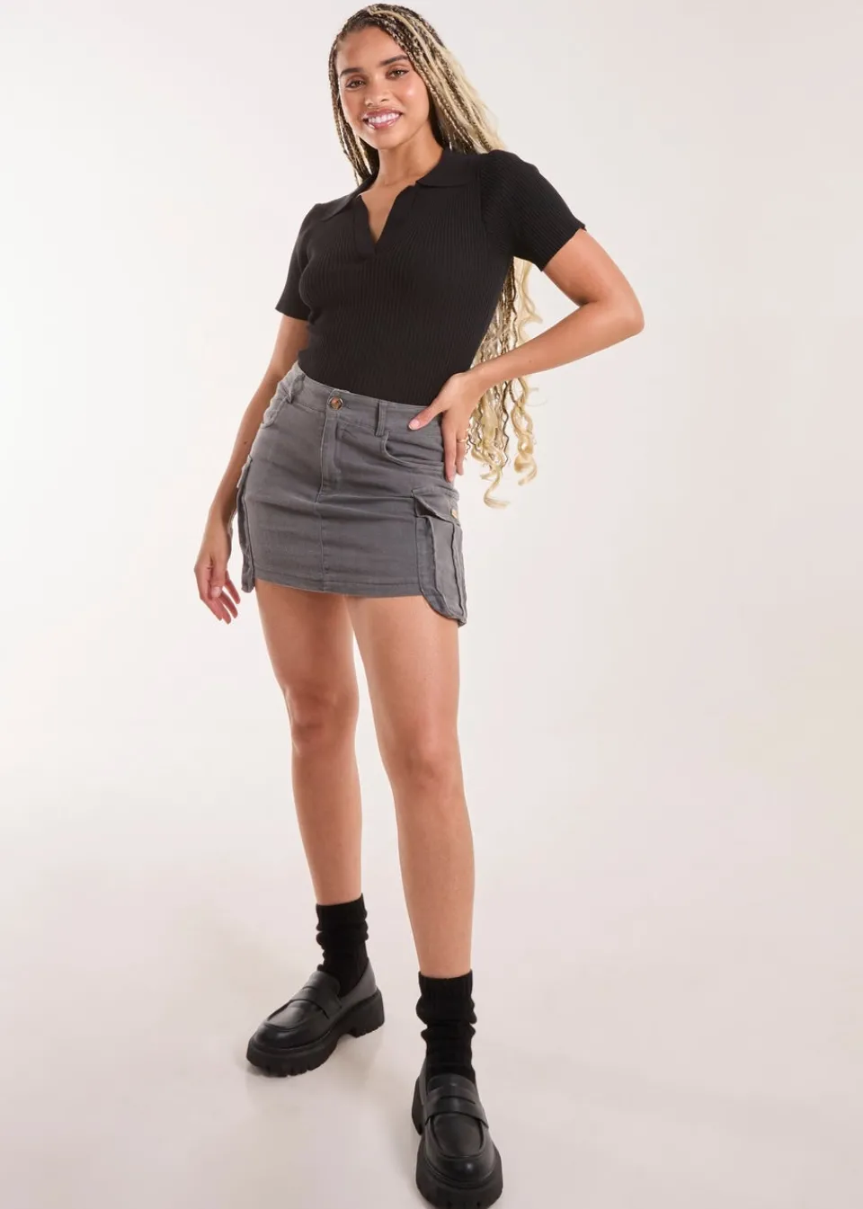 Skirts>Pink Vanilla Grey Oversized Pocket Cargo Mini Skirt