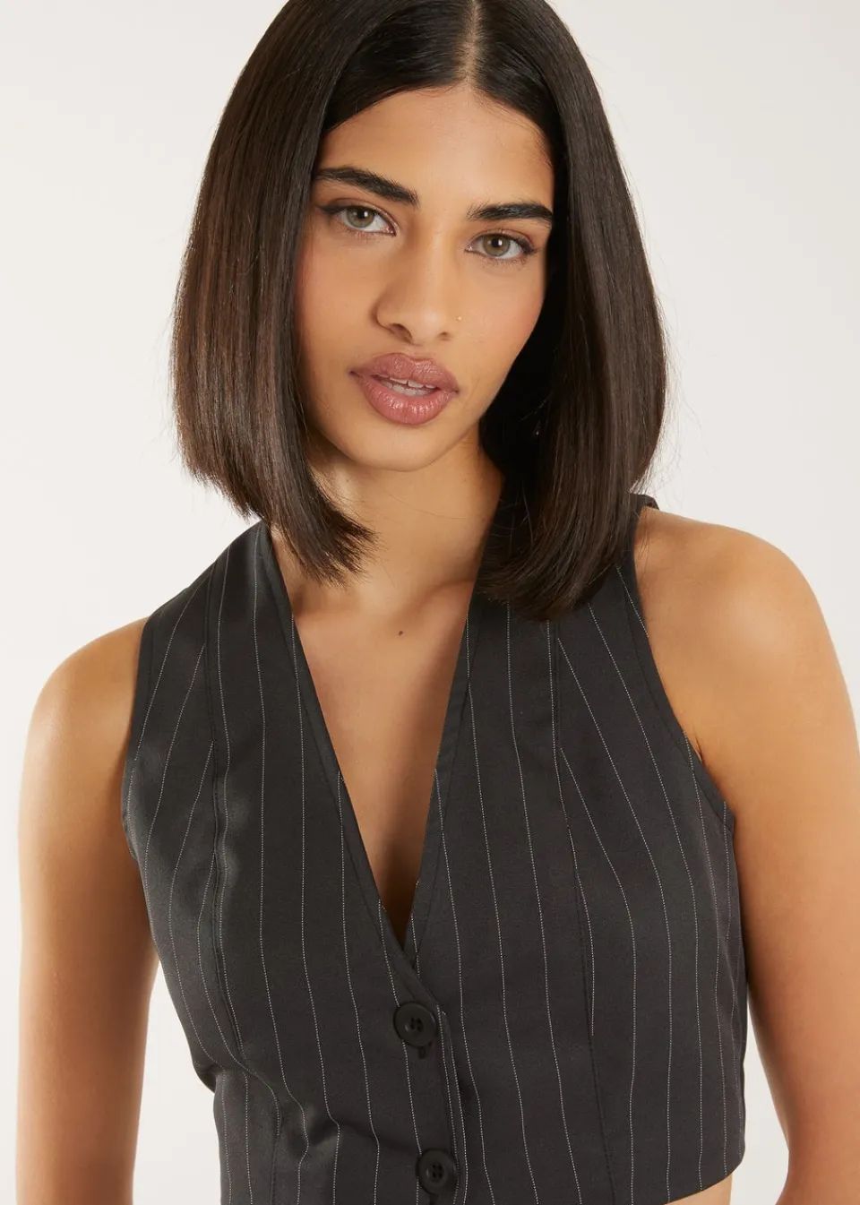 Tops>Pink Vanilla Grey Pinstripe Cropped Waistcoat
