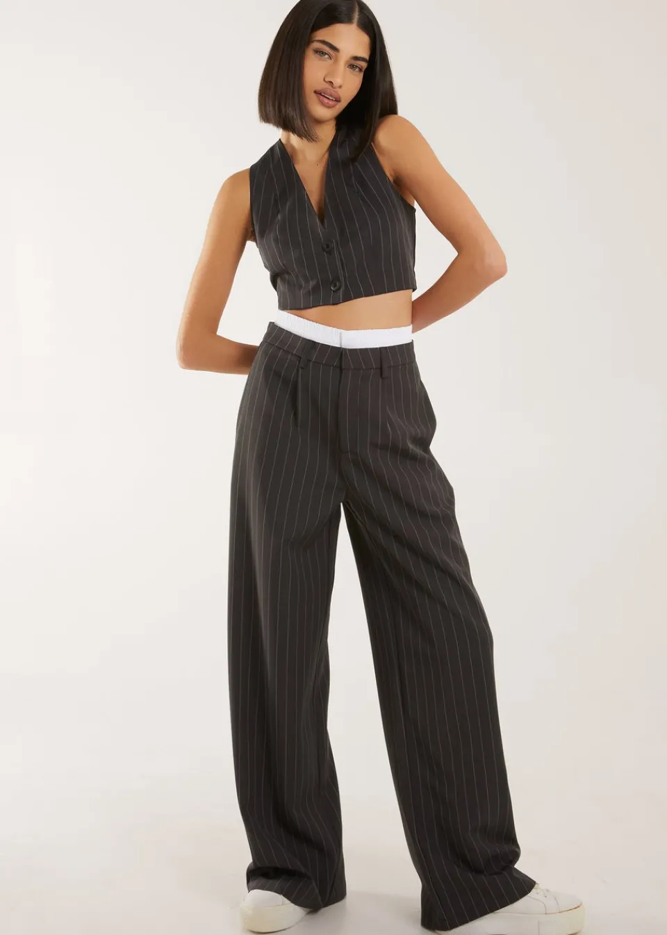 Tops>Pink Vanilla Grey Pinstripe Cropped Waistcoat