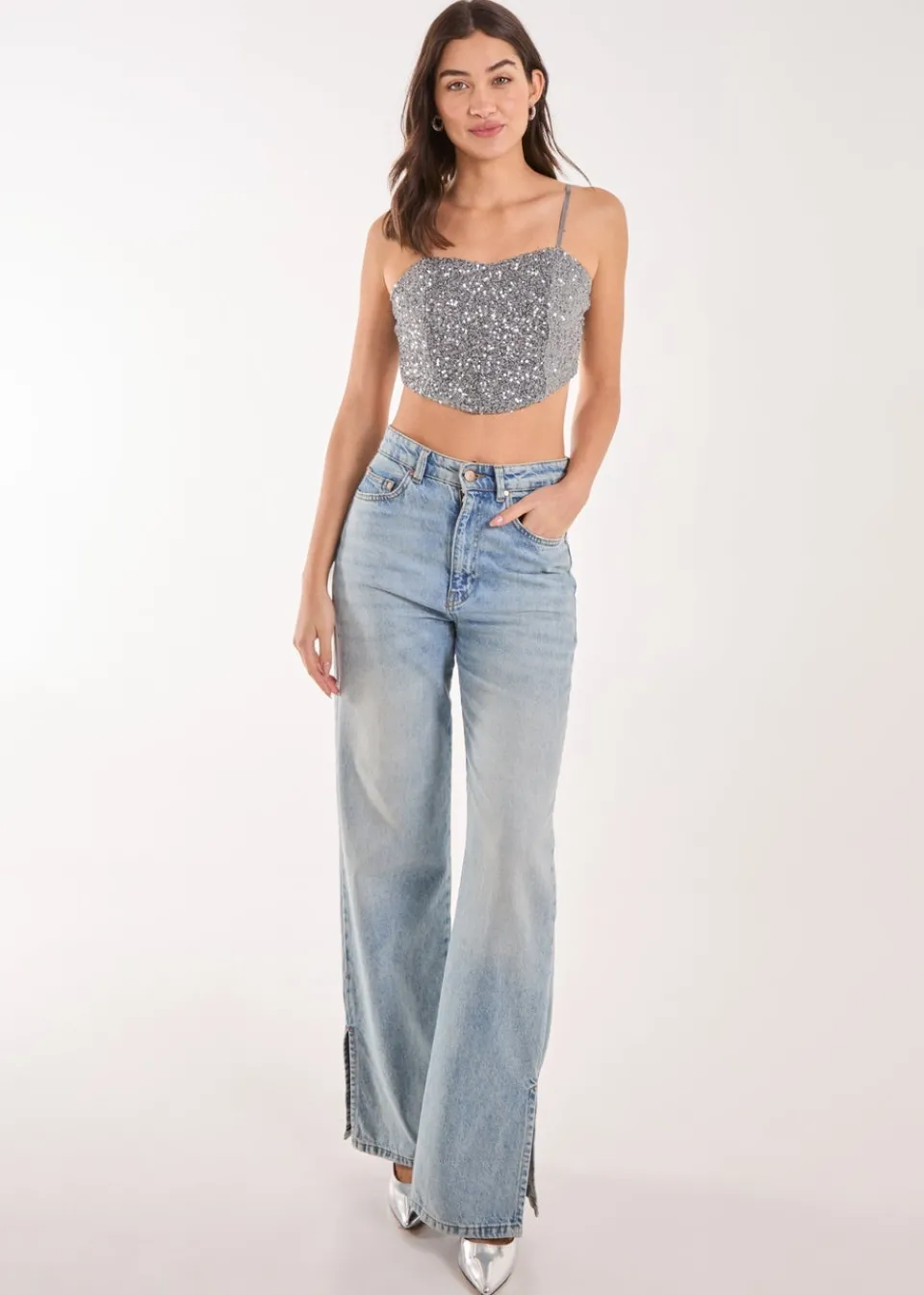 Tops>Pink Vanilla Grey Sequin Corset Top