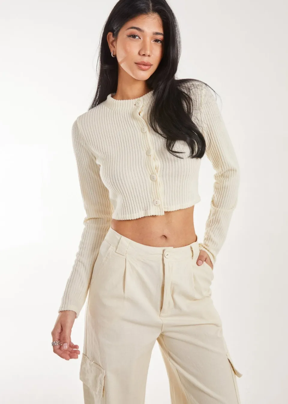 Tops>Pink Vanilla Brushed Long Sleeve Cardigan Ivory