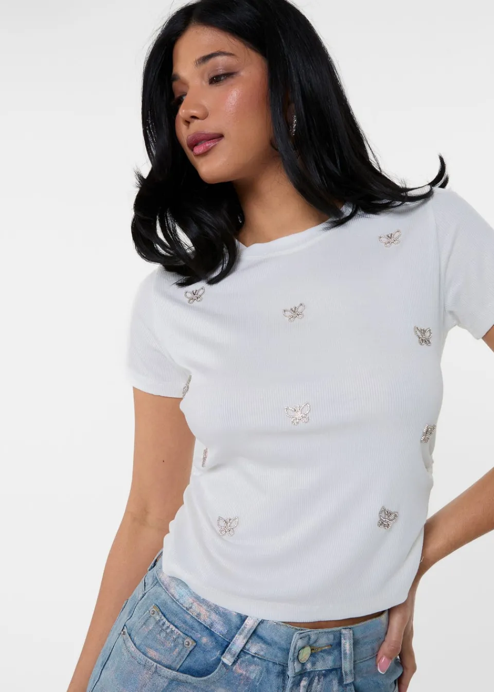 T-Shirts>Pink Vanilla Ivory Butterfly Embellished T-Shirt