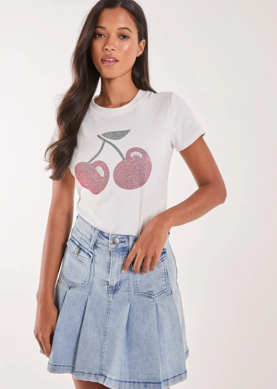 T-Shirts>Pink Vanilla Ivory Cherry Embellished T-Shirt