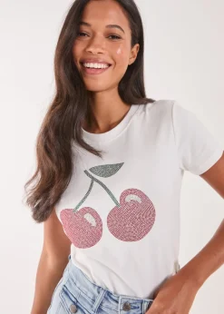 T-Shirts>Pink Vanilla Ivory Cherry Embellished T-Shirt