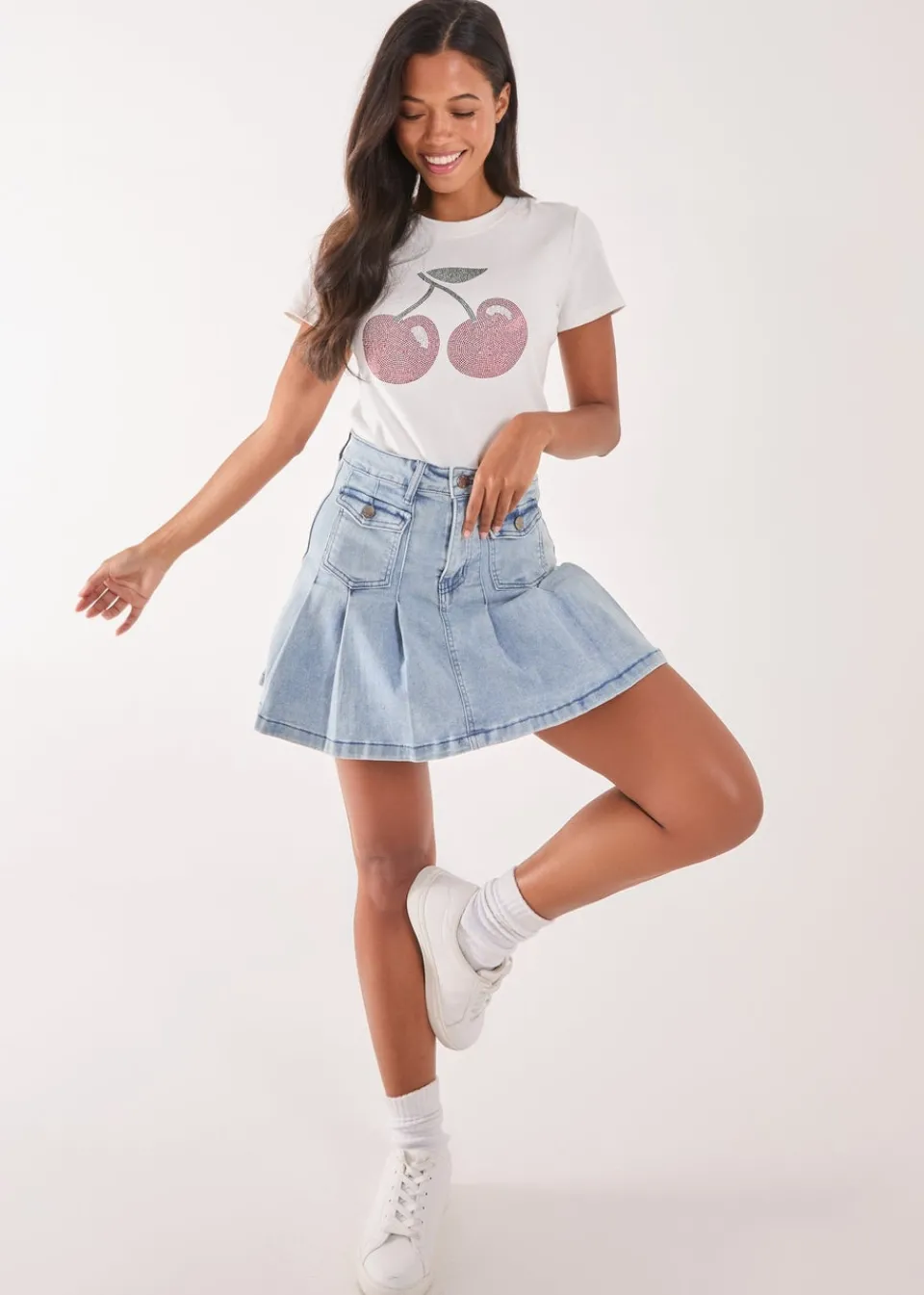 T-Shirts>Pink Vanilla Ivory Cherry Embellished T-Shirt