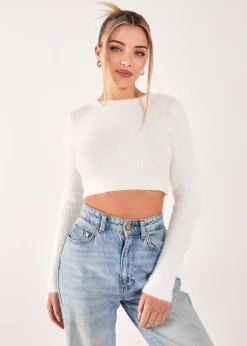 Tops>Pink Vanilla Ivory Cropped Knit Rib Top