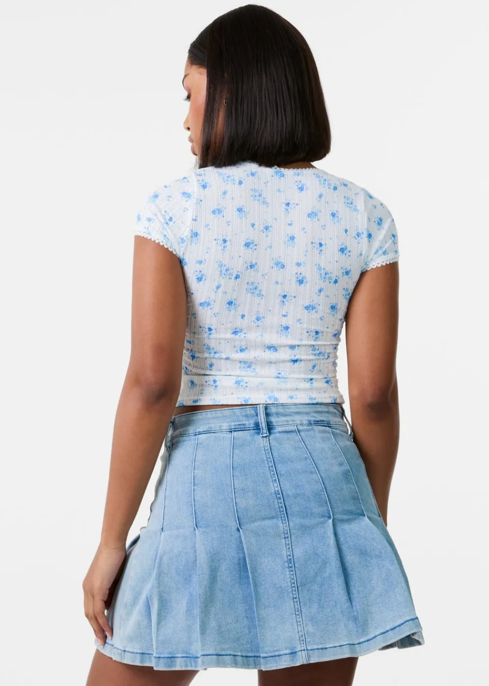 Tops>Pink Vanilla Ivory Pointelle Ditsy Print Crop Top