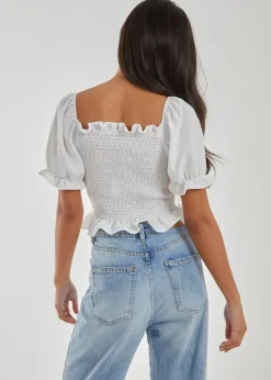 Tops>Pink Vanilla Ivory Puff Sleeve Square Neck Shirred Top