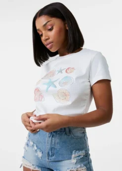 T-Shirts>Pink Vanilla Ivory Shell Embellished T-Shirt