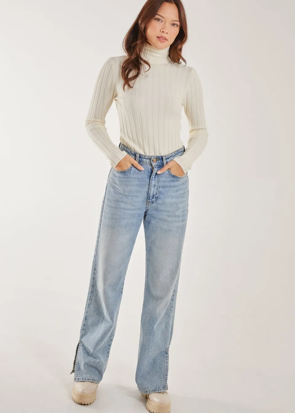Tops>Pink Vanilla Soft Knit Wide Rib Roll Neck Top Ivory