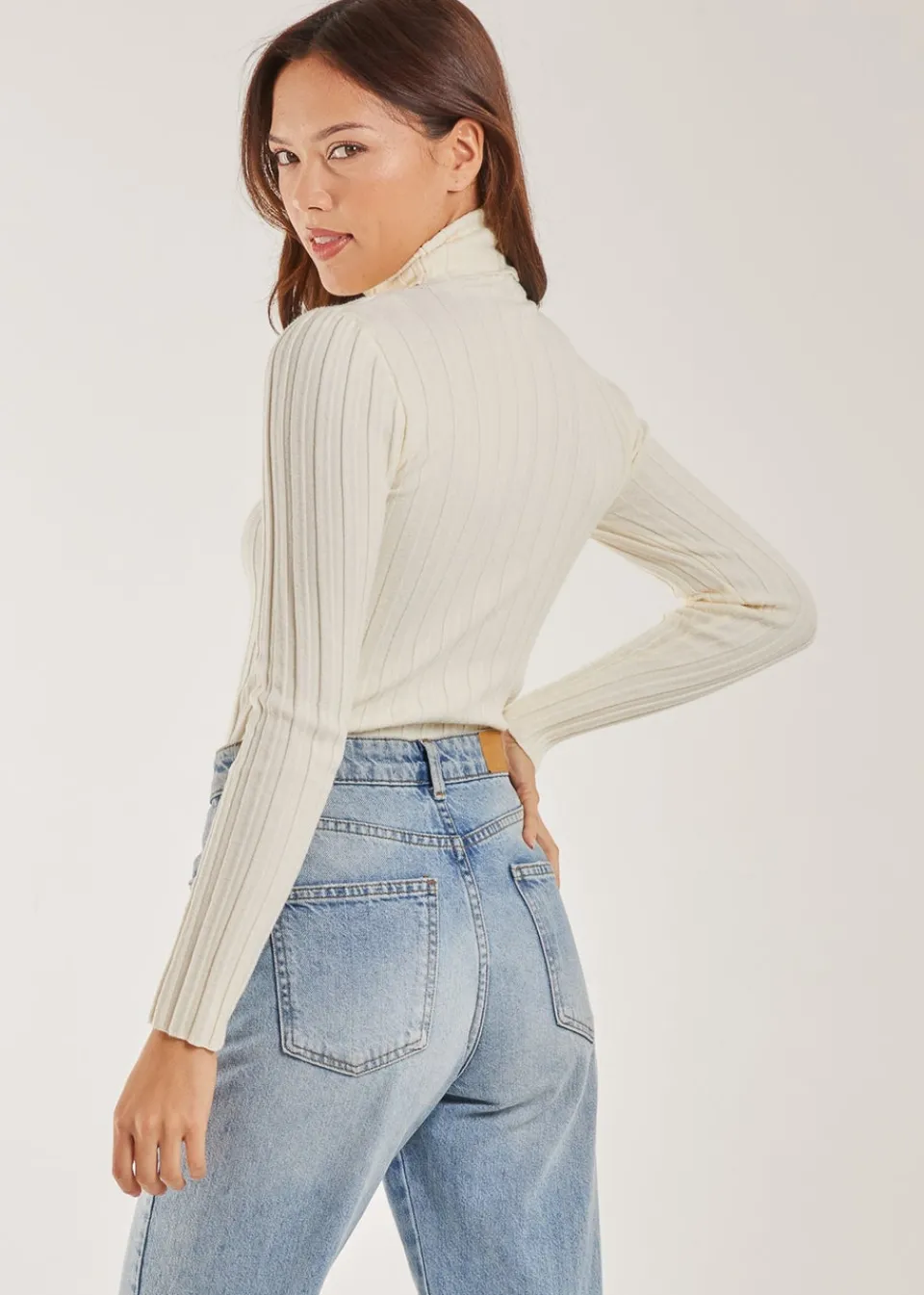 Tops>Pink Vanilla Soft Knit Wide Rib Roll Neck Top Ivory