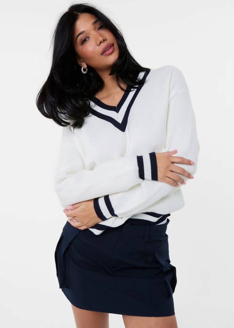 Knitwear>Pink Vanilla Ivory Varsity V Neck Sweater