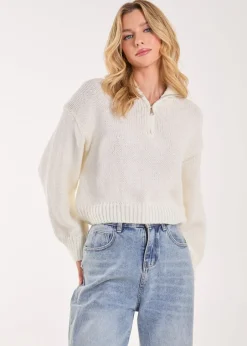 Knitwear>Pink Vanilla Ivory Zip Up Collar Knit Cropped Jumper