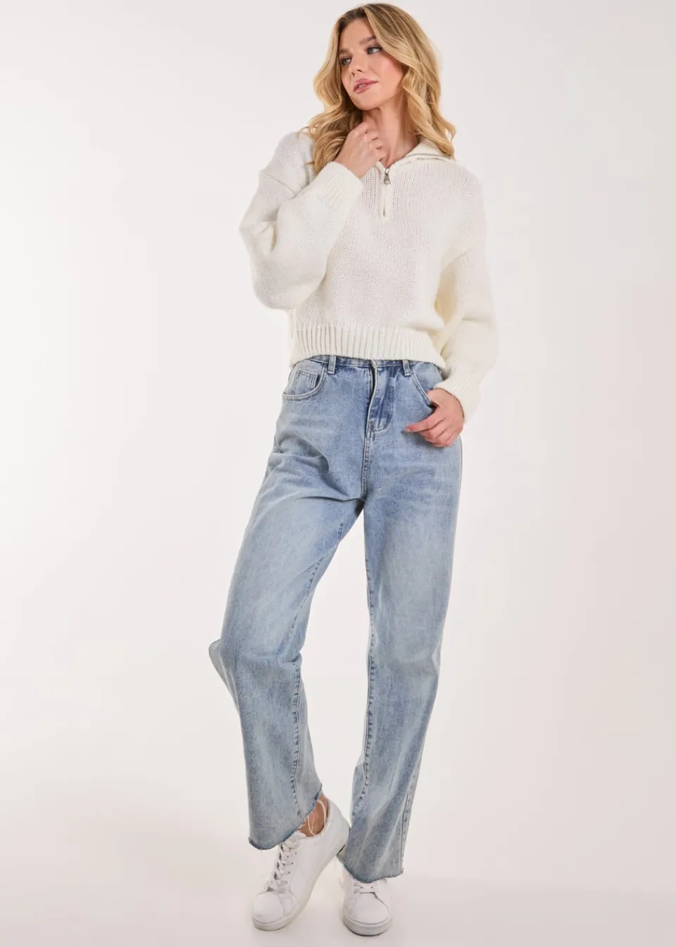 Knitwear>Pink Vanilla Ivory Zip Up Collar Knit Cropped Jumper