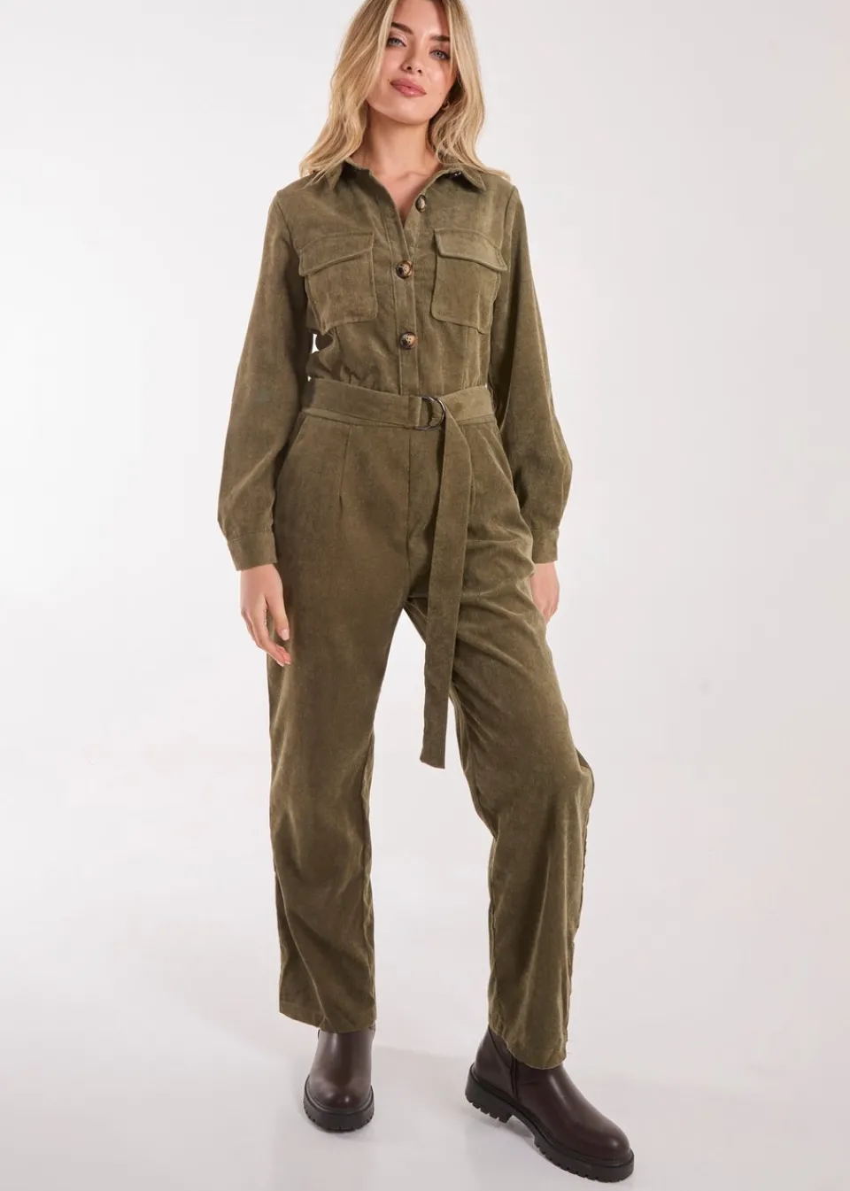 Jumpsuits & Playsuits>Pink Vanilla Khaki Corduroy Collar Long Sleeve Button Boilersuit