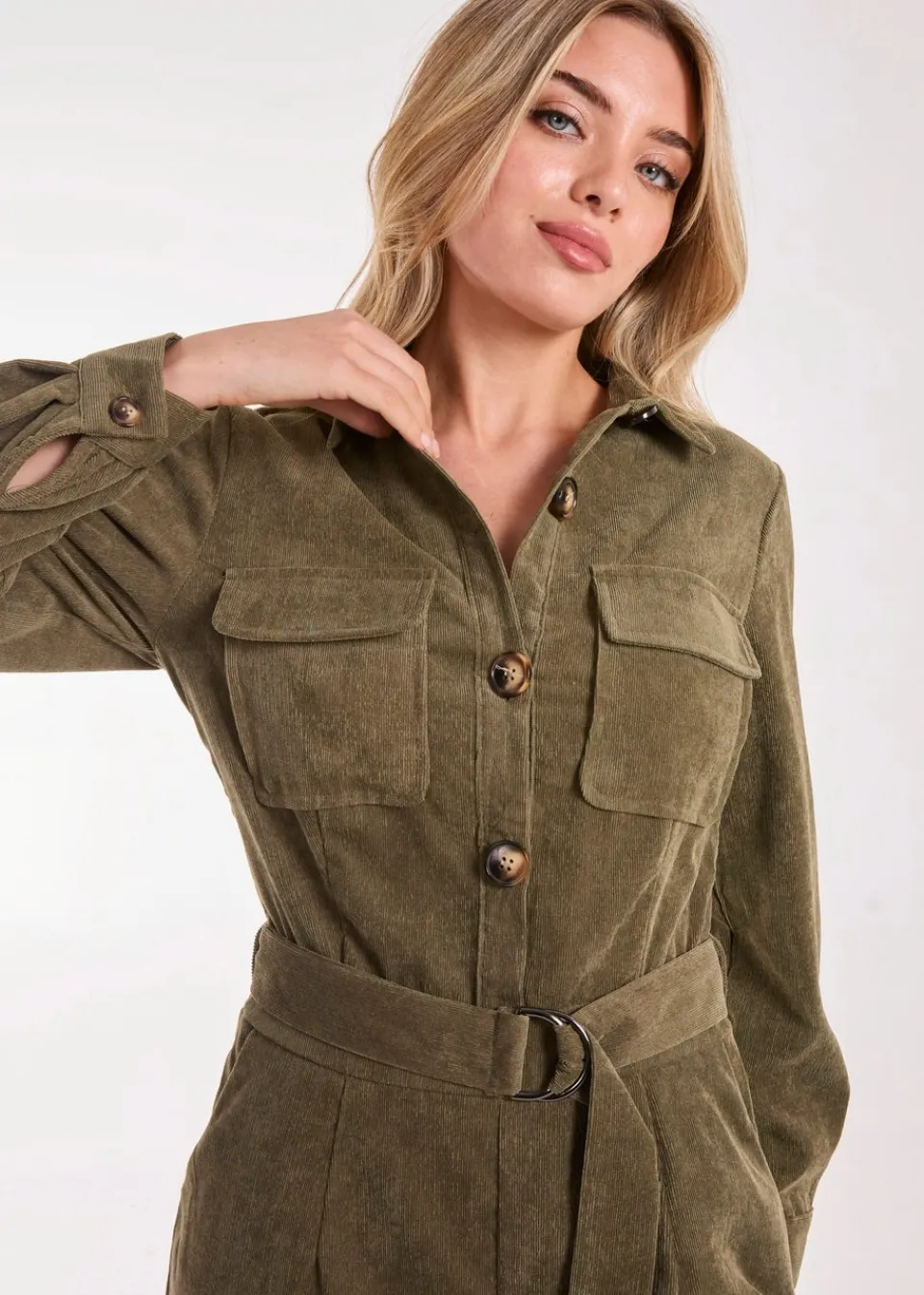 Jumpsuits & Playsuits>Pink Vanilla Khaki Corduroy Collar Long Sleeve Button Boilersuit