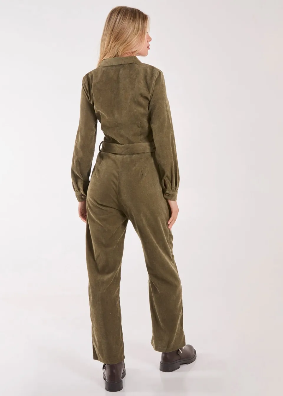 Jumpsuits & Playsuits>Pink Vanilla Khaki Corduroy Collar Long Sleeve Button Boilersuit