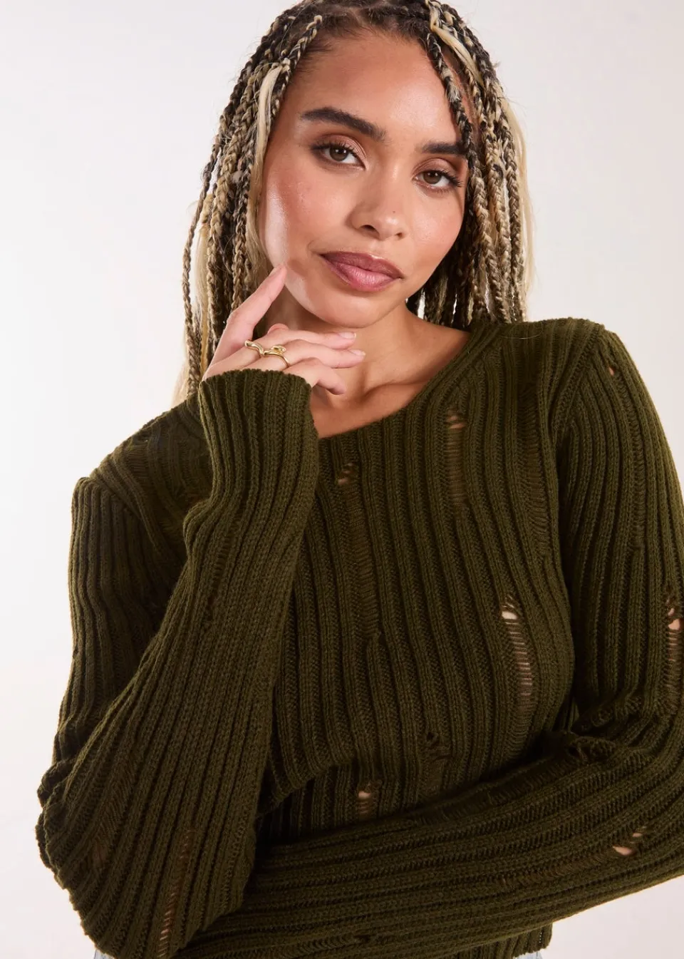 Tops>Pink Vanilla Khaki Distressed Long Sleeve Knitted Jumper