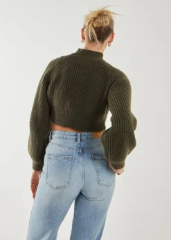 Tops>Pink Vanilla Khaki High Neck Knitted Jumper