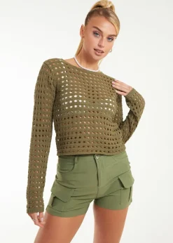 Tops>Pink Vanilla Khaki Long Sleeve Crochet Top
