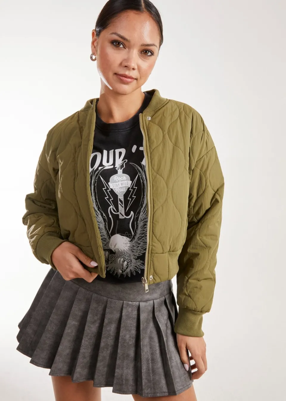 Coats & Jackets>Pink Vanilla Khaki Textured Puffer Bomber Jacket
