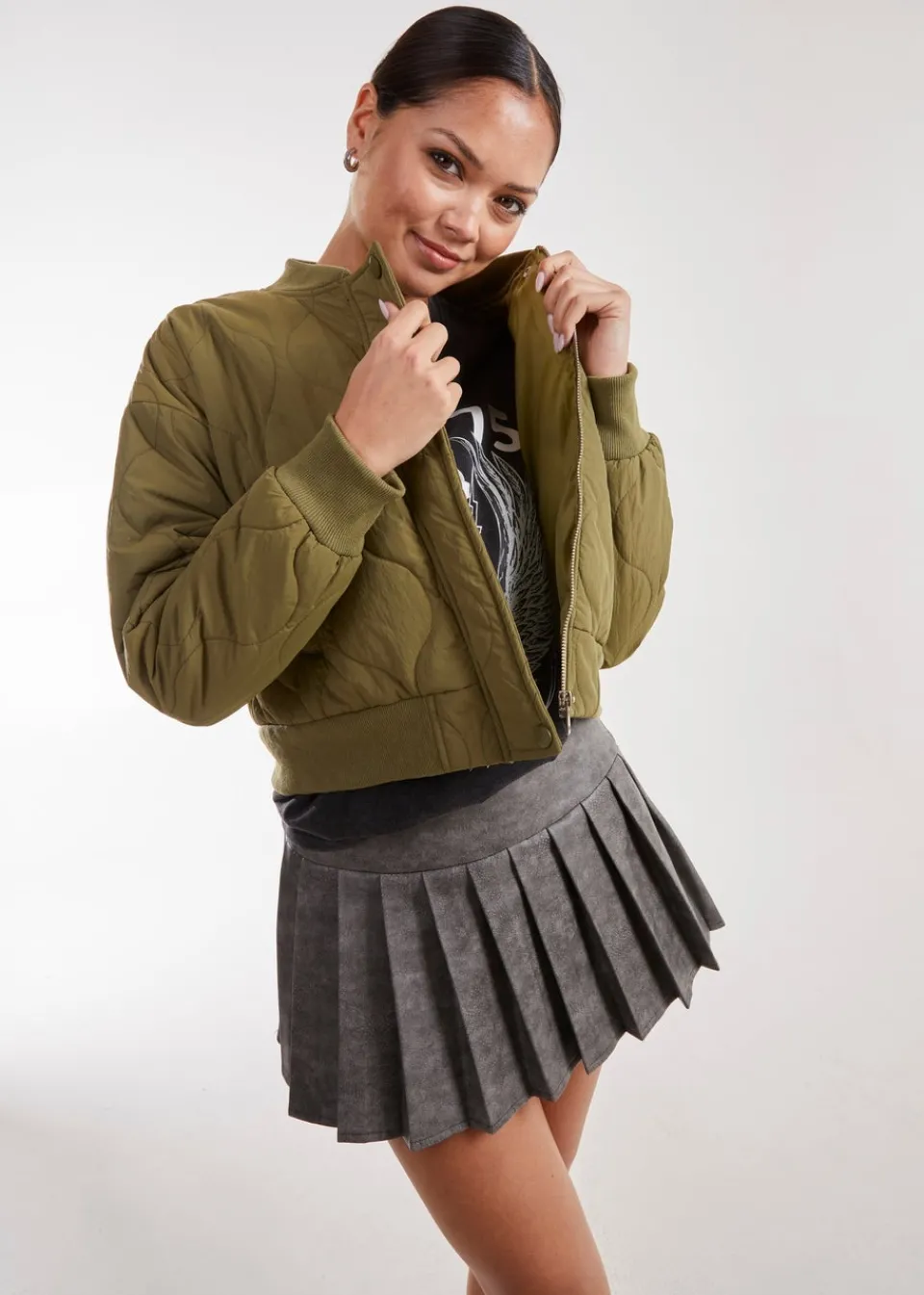 Coats & Jackets>Pink Vanilla Khaki Textured Puffer Bomber Jacket