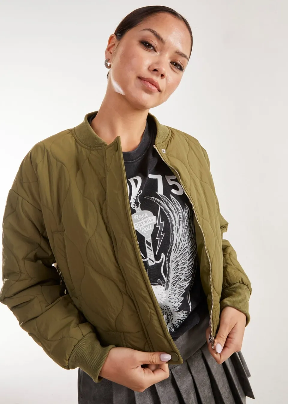 Coats & Jackets>Pink Vanilla Khaki Textured Puffer Bomber Jacket