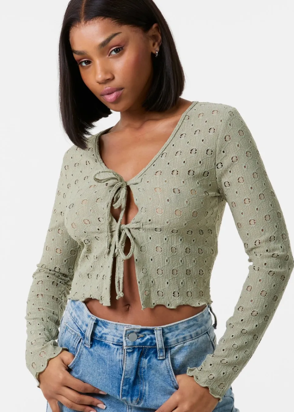 Tops>Pink Vanilla Khaki Tie Front Cutwork Cardigan