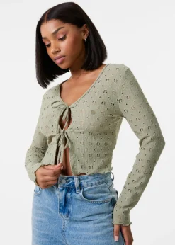 Tops>Pink Vanilla Khaki Tie Front Cutwork Cardigan