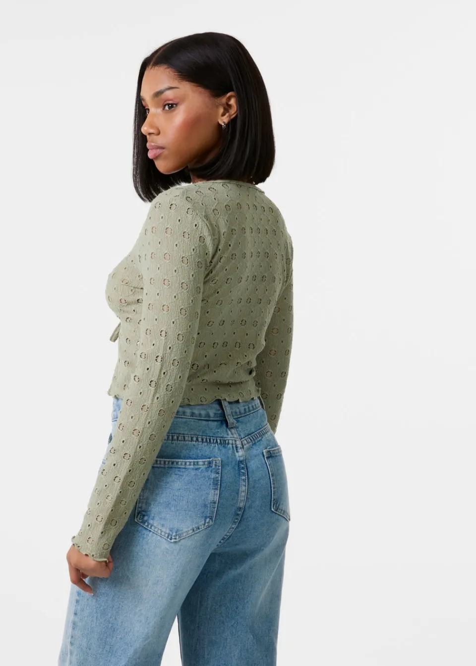 Tops>Pink Vanilla Khaki Tie Front Cutwork Cardigan