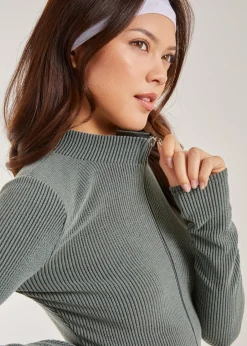 Tops>Pink Vanilla Two Tone Rib Double Zip Top Khaki