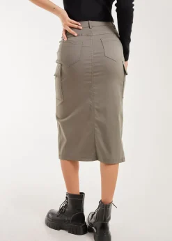 Skirts>Pink Vanilla Utility Cargo Midi Slit Skirt Khaki