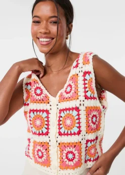 Tops>Pink Vanilla Multi Patchwork Crochet Waistcoat