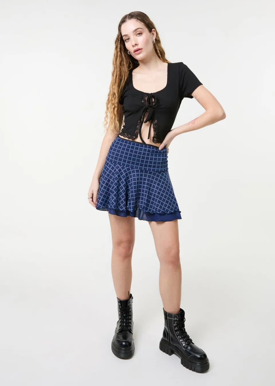 Skirts>Pink Vanilla Navy Check Ruffle Mini Skirt