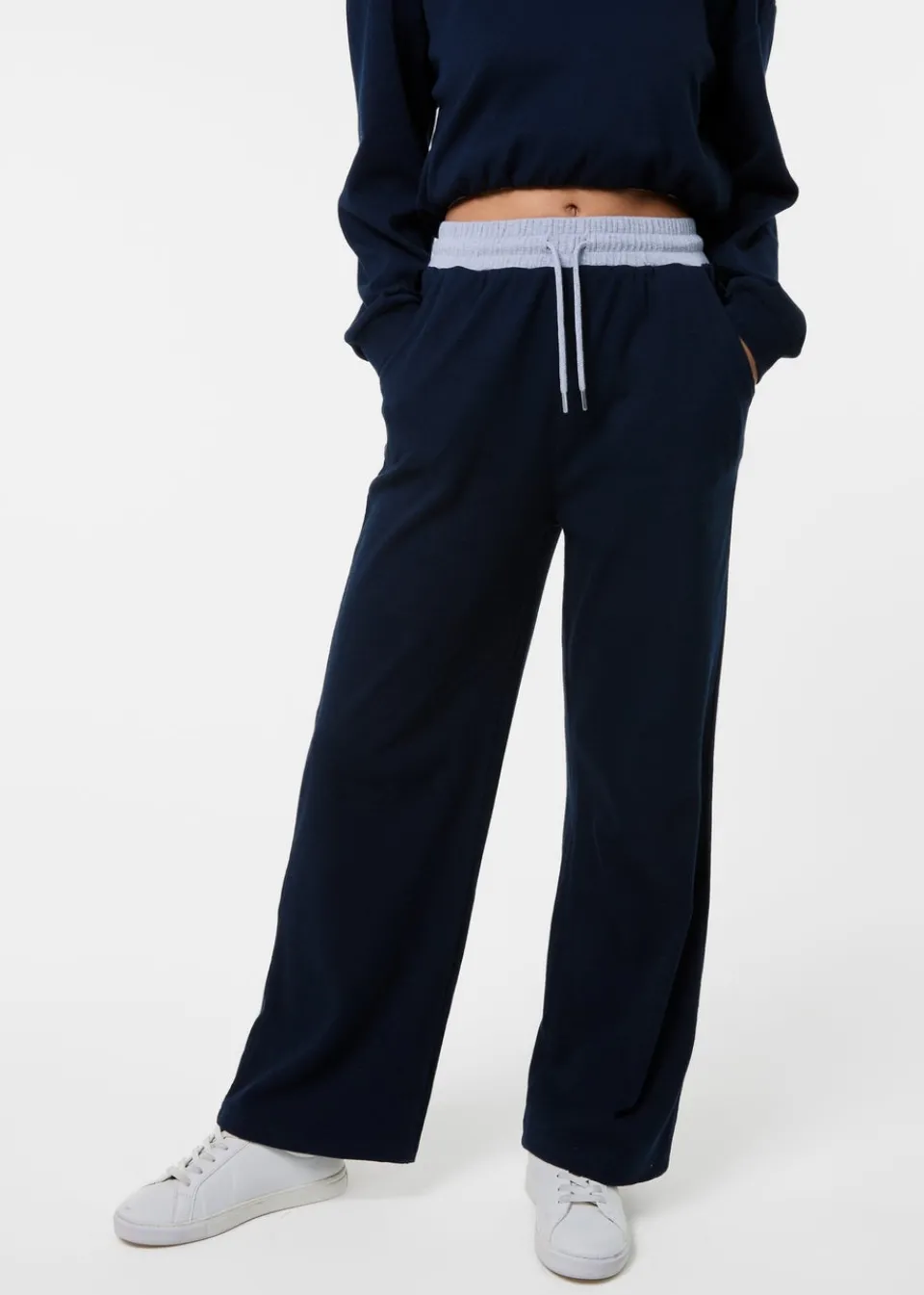 Trousers>Pink Vanilla Navy Contrast Band Wide Leg Joggers