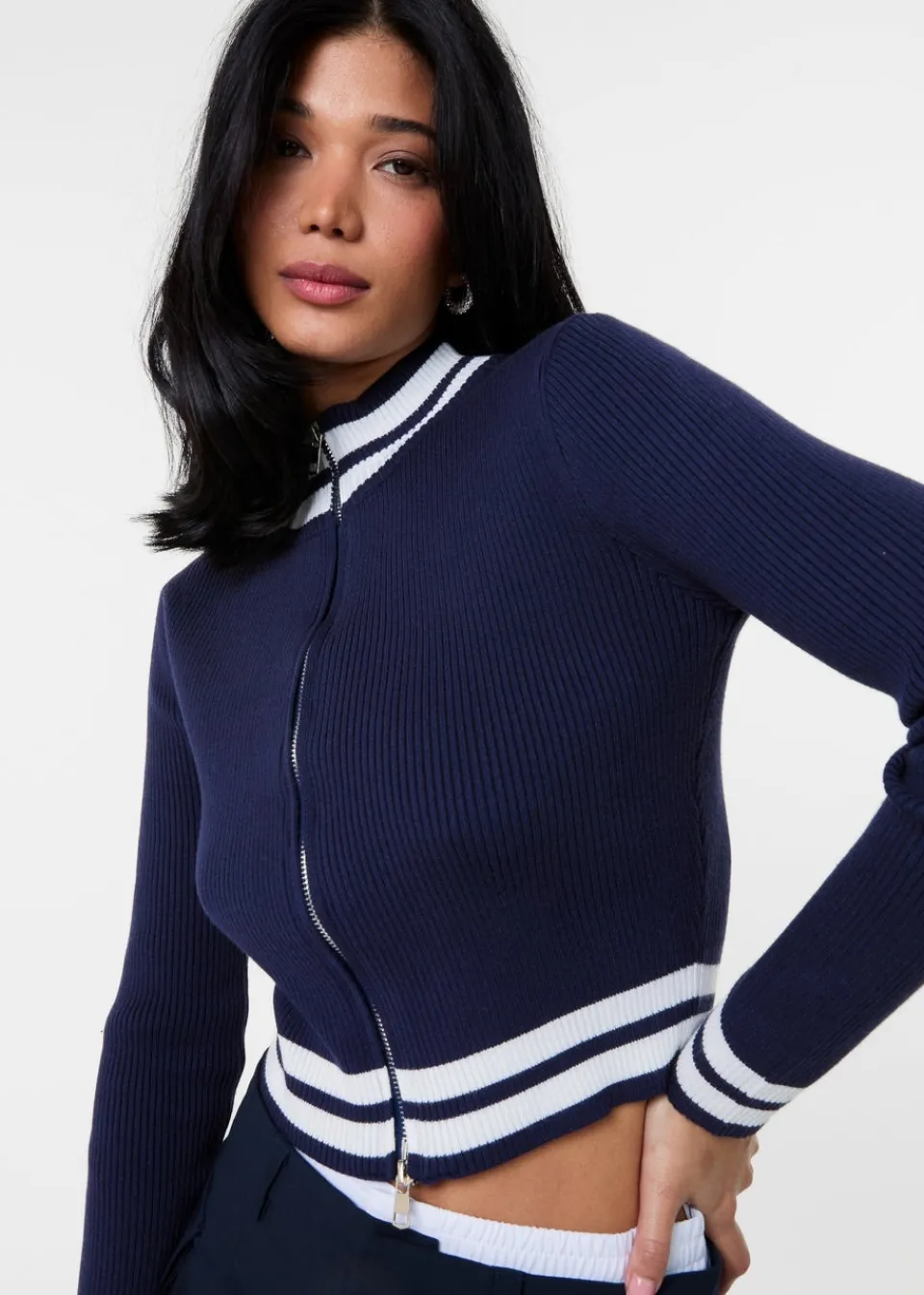 Tops>Pink Vanilla Navy Knitted Cardigan Contrast Tipping