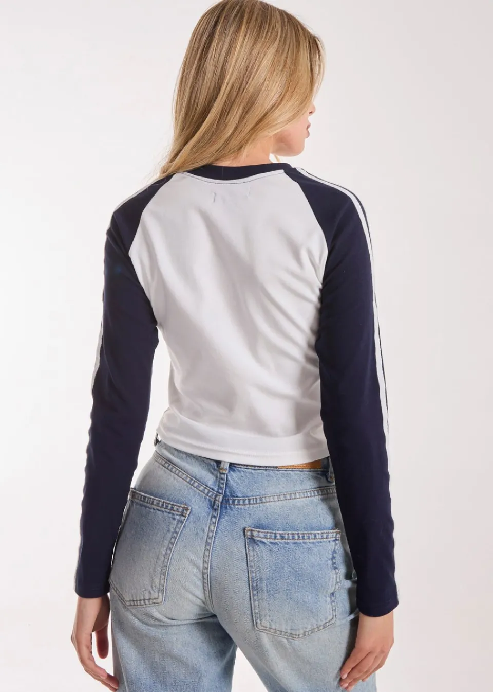T-Shirts>Pink Vanilla Navy Long Sleeve Contrast Crew Top