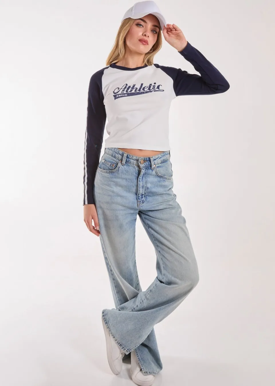 T-Shirts>Pink Vanilla Navy Long Sleeve Contrast Crew Top